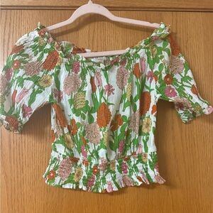 Floral Smocked Blouse - Green, Orange, and White
